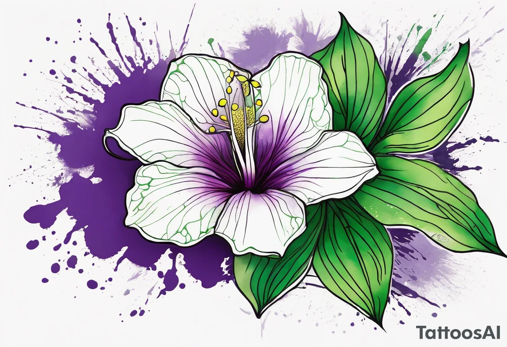 An outline of a green rio dipladenia flower and a green and purple watercolor splash in the background tattoo idea