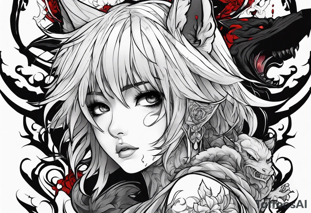 2 dimensional art of a bleeding anime girl threatened by an asian gargoyle tattoo idea