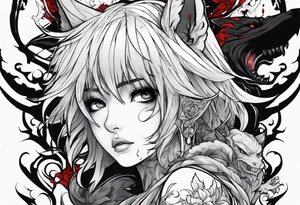 2 dimensional art of a bleeding anime girl threatened by an asian gargoyle tattoo idea