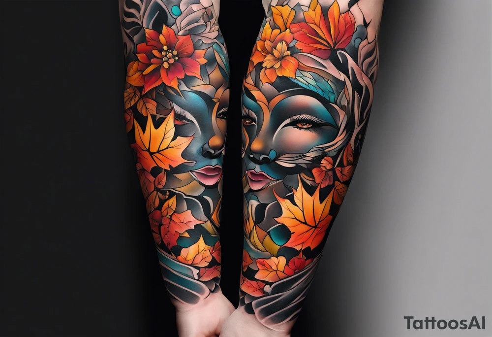 Arm Sleeve Tattoo with fall colors flat tattoo idea