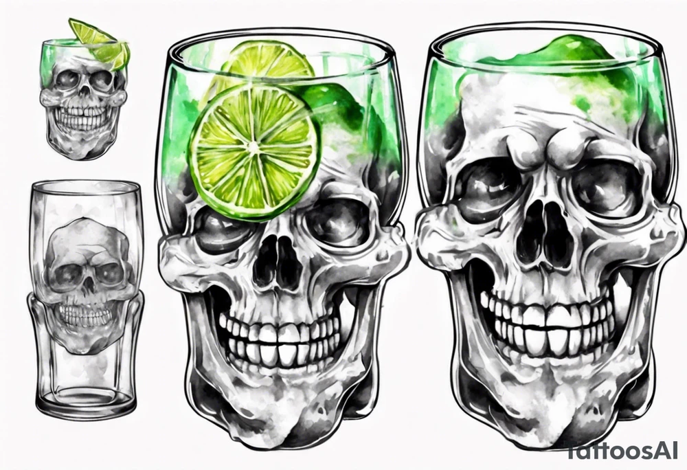 A smiling looking to the left scull inside the glass with alcohol and piece of lime tattoo idea