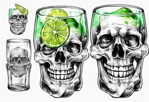 A smiling looking to the left scull inside the glass with alcohol and piece of lime tattoo idea