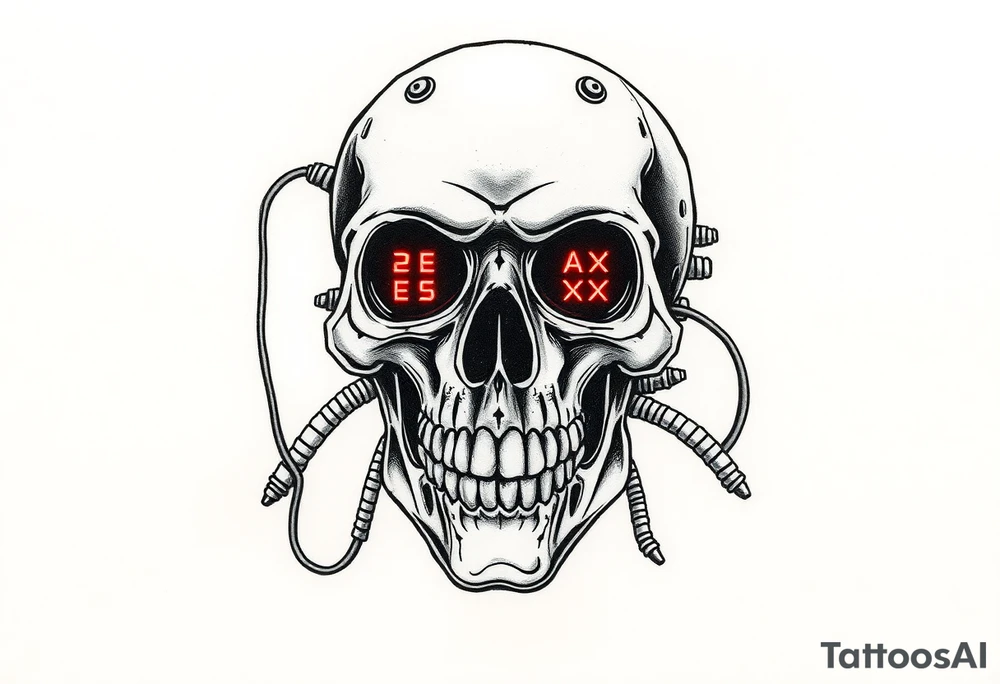 Cybernetic Skull with Wires & Tubes
A grinning skull with cybernetic plating, exposed wires, and tubes snaking out of it.
Neon lights glowing in its eye sockets, maybe displaying error codes or symbols.
Could incorporate biomechanical elements, making it look fused with tech. tattoo idea