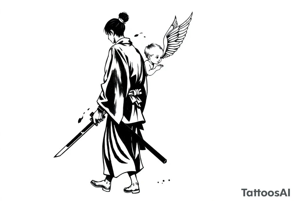 "Blackwork tattoo sketch of a lone samurai walking forward, shown in dramatic silhouette style. The samurai wears traditional kimono and hakama, holding a katana in one hand with the blade pointing downward. Behind him floats a small child angel with detailed feathered wings, gently touching the samurai’s back with one hand, as if stopping or guiding him. Strong contrast, dynamic ink splatter, rough brush strokes, Japanese sumi-e vibe, emotional and symbolic composition, high detail linework, no background." tattoo idea