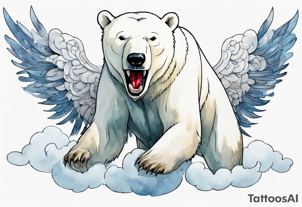 a polar bear with wings, standing on thunder clouds, with mouth wide open tattoo idea