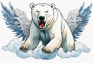 a polar bear with wings, standing on thunder clouds, with mouth wide open tattoo idea