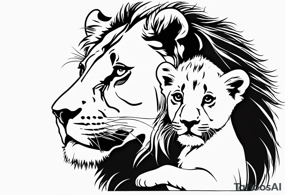 Moitié visage lion avec son bebe lionne tattoo idea