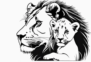 Moitié visage lion avec son bebe lionne tattoo idea