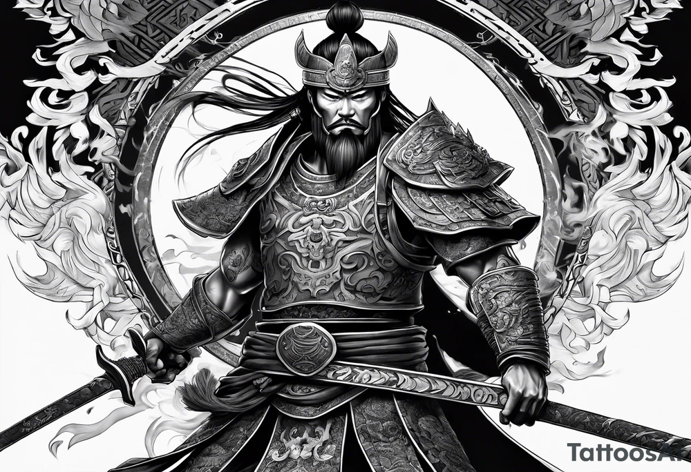 A full body sketch of a badass Asian warrior who is also a skeleton tattoo idea
