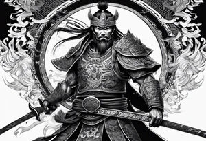 A full body sketch of a badass Asian warrior who is also a skeleton tattoo idea