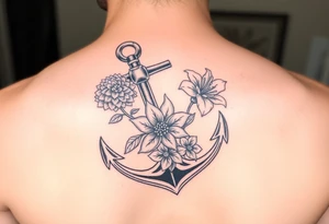 anchor with a rose, a lily and a hydrangea in color tattoo idea