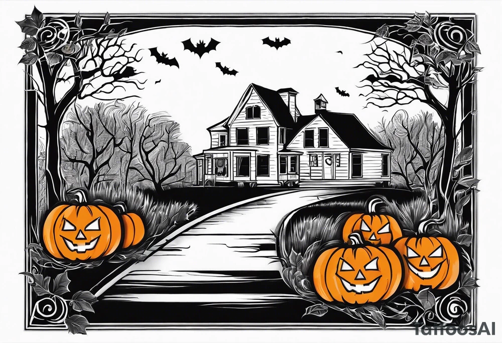 Midwestern street in fall with Halloween pumpkin tattoo idea