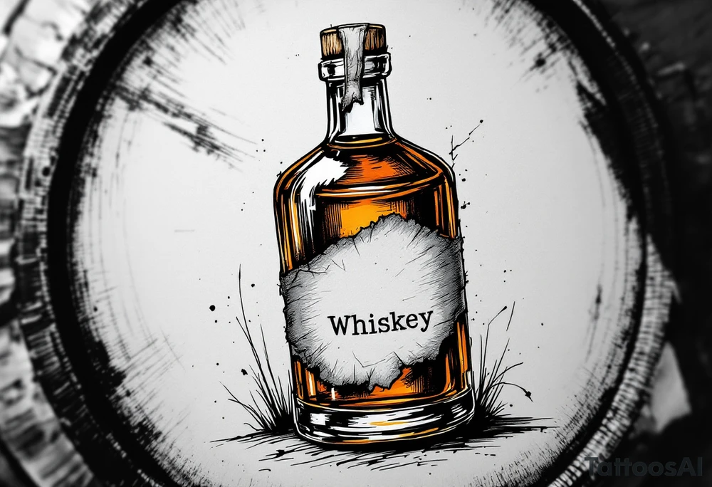 Vintage Whiskey Bottle – A detailed glass whiskey bottle with an aged, torn label. Warm amber liquid inside, with highlights and shadows to show transparency. Surrounded by barrel wood texture in the background. tattoo idea