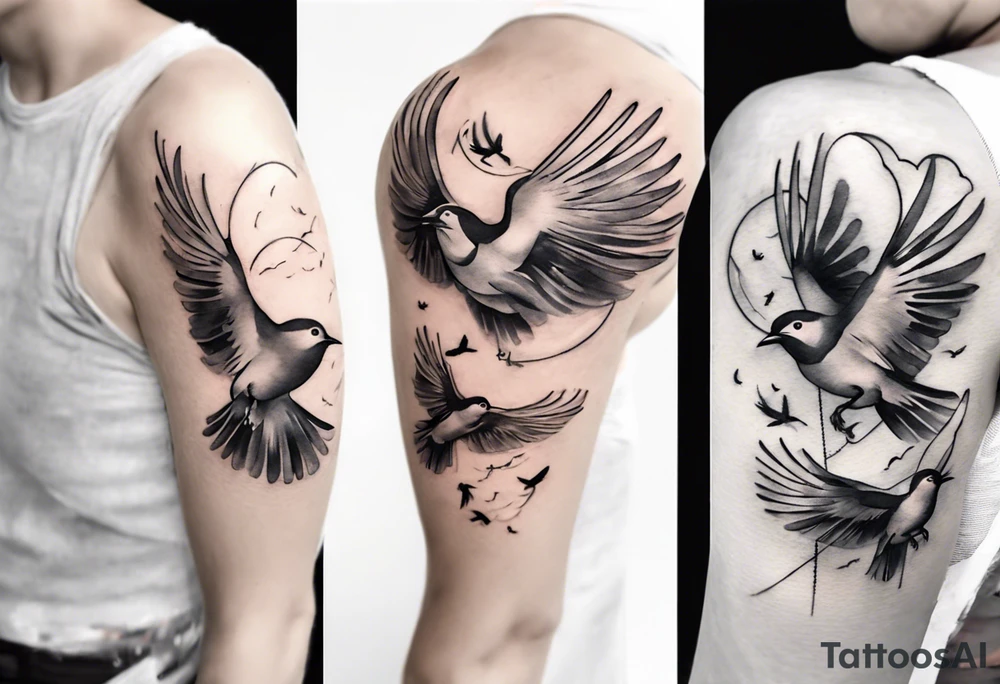 shoulder tattoo with light rays with birds flying free among the clouds, round shape, 3d effect tattoo idea shoulder tattoo with light rays with birds flying free among the clouds, round shape, 3d effect tattoo idea