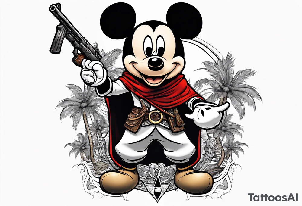 mickey mouse as assassins creed character with palm trees tattoo idea