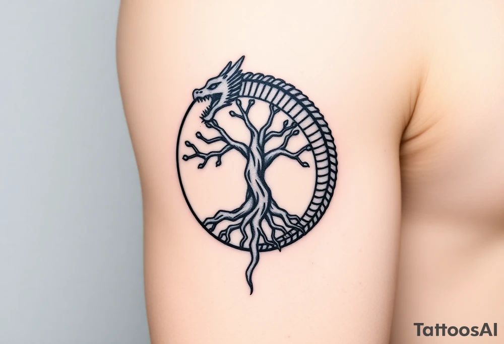 a dragon forming a circle with its body.  the dragon encircles the tree of life.  the dragon is eating the tree. the roots of the tree are strangling the dragon tattoo idea