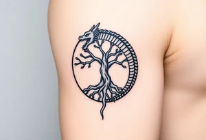 a dragon forming a circle with its body.  the dragon encircles the tree of life.  the dragon is eating the tree. the roots of the tree are strangling the dragon tattoo idea