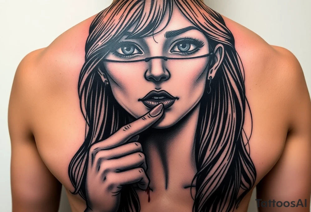 Women that has big eyes but her eyes are not there cause she is blind with a nose and long long hair that is flowing down her chest and back her index finger to her mouth and her ears both are bleeding tattoo idea