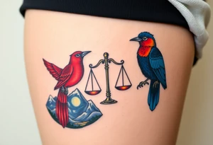 one of the birds red wearing a suit, other bird navy blue with glasses or holding a book, scales of justice built into a tree, starry night painting and mountain background tattoo idea