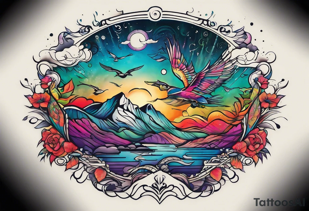 Landscape tattoo on the front neck that's appear to be ejecting from the skin, symbolizing the freedom. tattoo idea