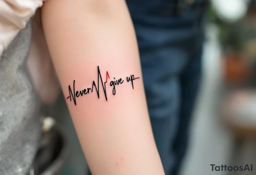 "Never give up" written in black brushstroke script with a red heartbeat line running underneath. tattoo idea