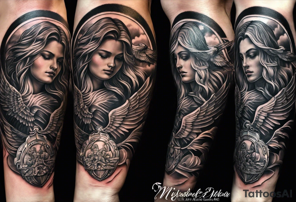 st Micheal tattoo on the outside of the forearm tattoo idea