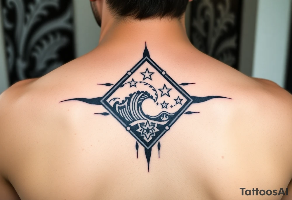 A powerful wave with stars inside of a elongated diamond tattoo idea