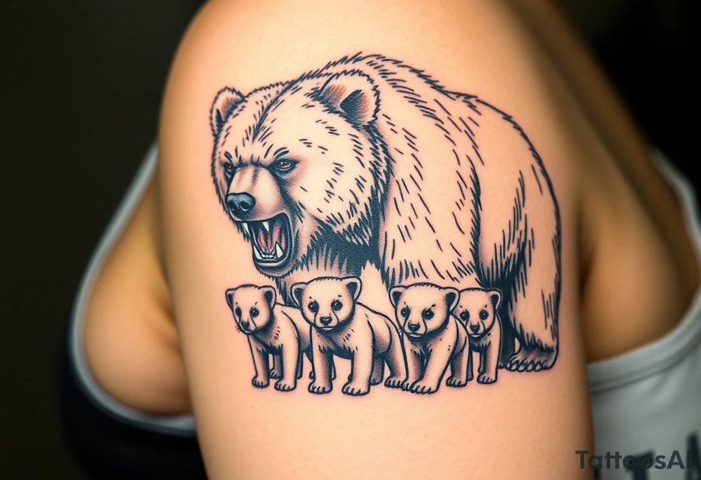 A detailed grizzly bear fiercely growling, facing outward with detailed brown eyes standing over 4 cubs 3 girls and a boy. tattoo idea