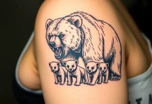 A detailed grizzly bear fiercely growling, facing outward with detailed brown eyes standing over 4 cubs 3 girls and a boy. tattoo idea