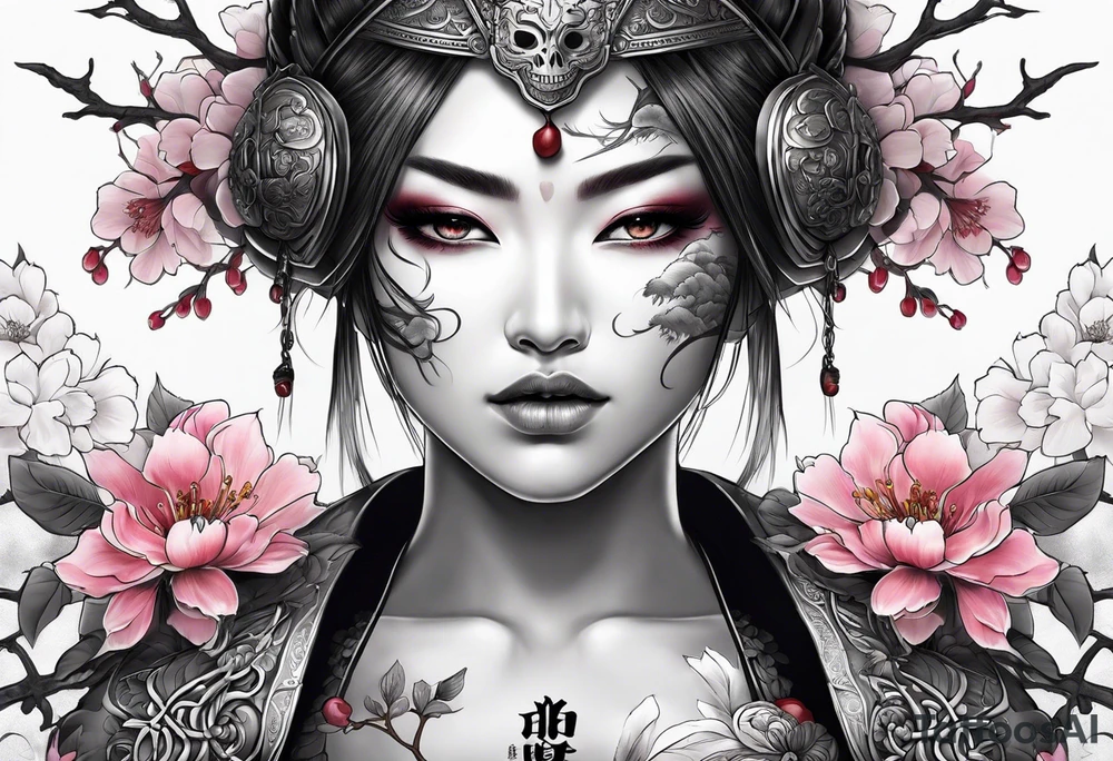 Female warrior with half a skull for a face woth cherry blossoms tattoo idea