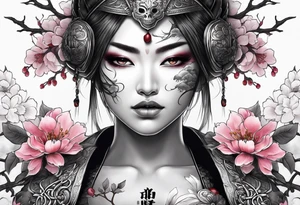 Female warrior with half a skull for a face woth cherry blossoms tattoo idea