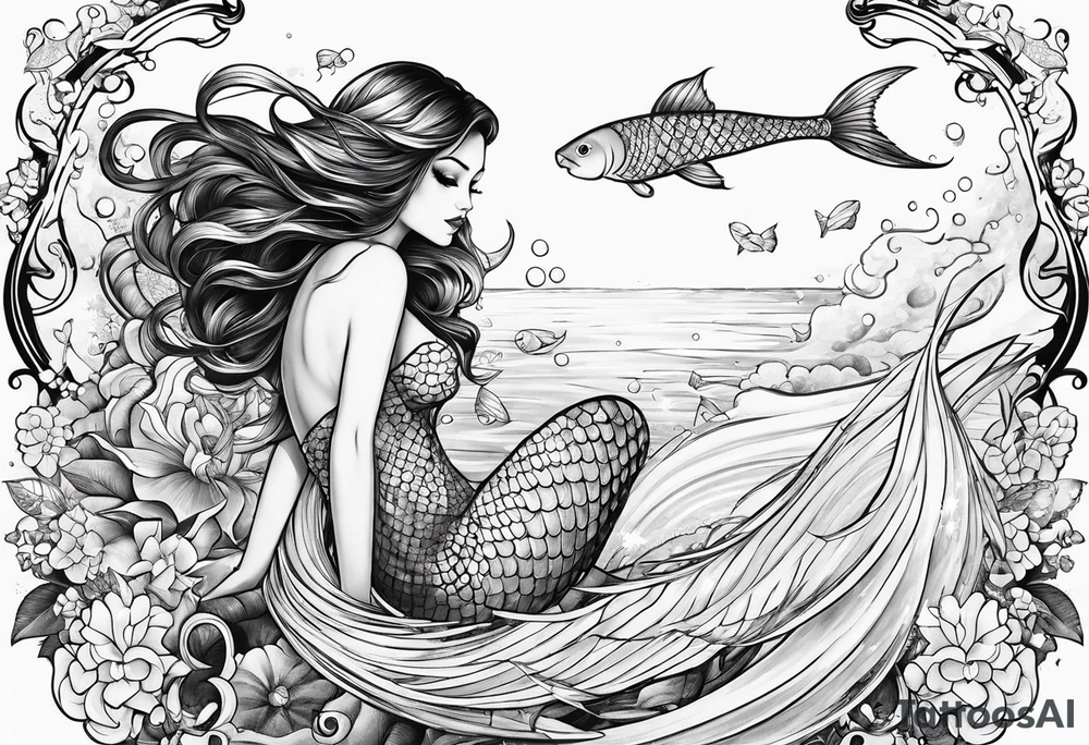 magical mermaid with long fan tail tattoo idea