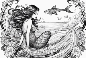 magical mermaid with long fan tail tattoo idea