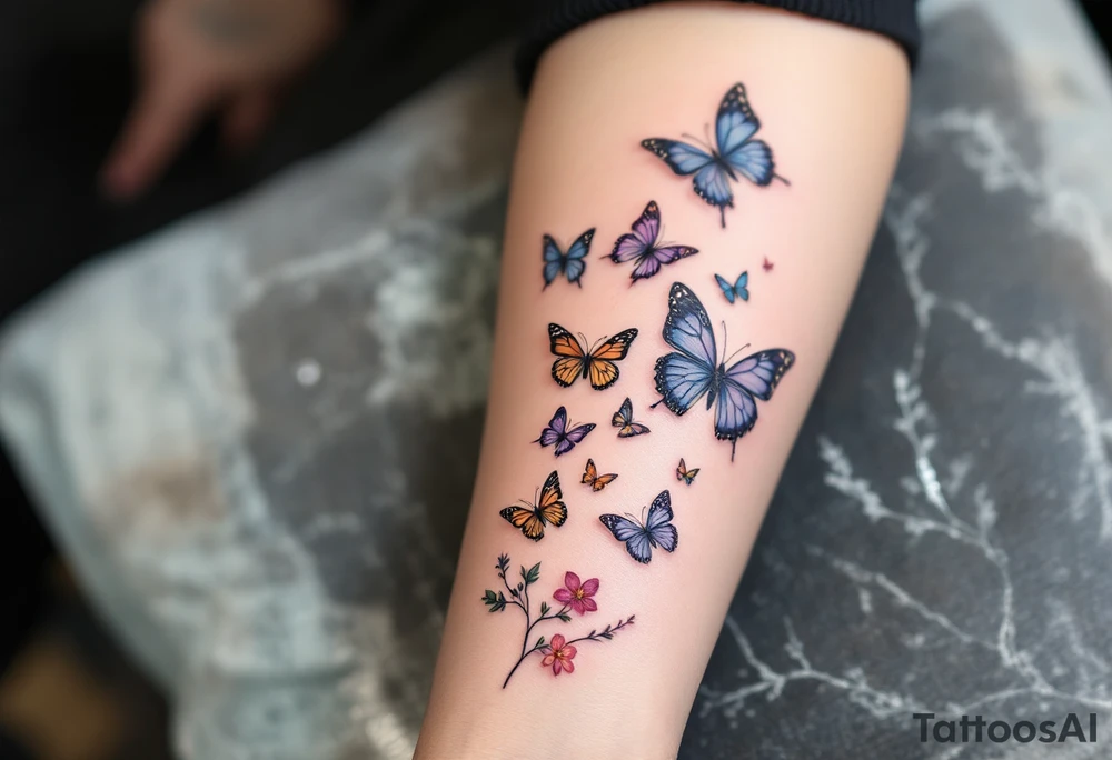 Tattoo of about 10 butterflies that look realistic and different sizes spaced out between wrist and elbow with some flower or vine tattoo idea
