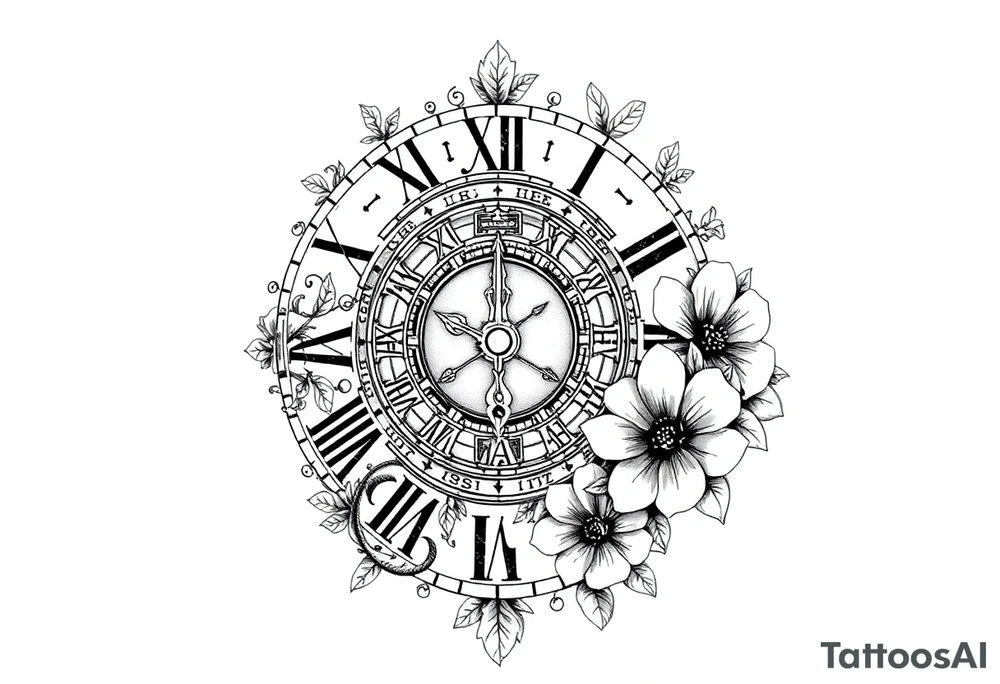 vintage roman numerals within ornate clockwork mechanism, with name spaces, flowers tattoo idea