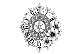 vintage roman numerals within ornate clockwork mechanism, with name spaces, flowers tattoo idea