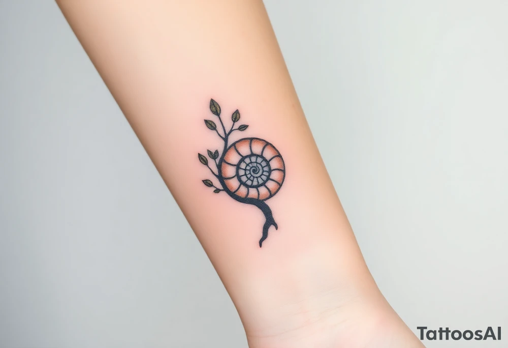 Fibonacci spiral shell inside of tree with little leaves tattoo idea