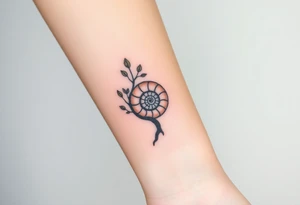 Fibonacci spiral shell inside of tree with little leaves tattoo idea