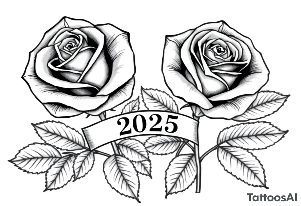 two beautiful large rose buds, one larger than the other, with lots and lots of leaves next to the rose buds, with one sitting slightly higher than the other, side-by-side.  Include a banner connecting the two roses with the year 2025 on it.   Use dark outlines with little shading. No stems tattoo idea