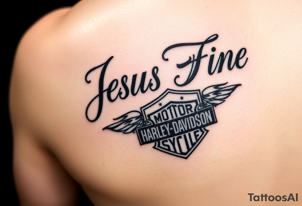 The words Jesus Fine And a Harley Davidson tattoo idea