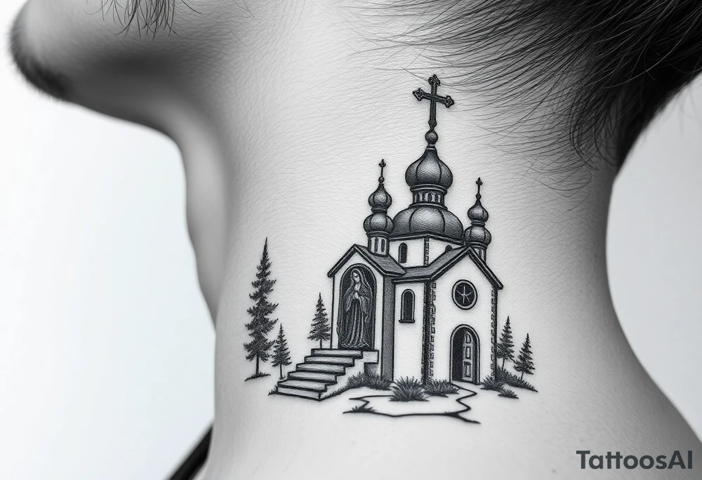 russian design traditional christian orthodox cross with a virgin mary stood beside the entrance of a russian orthodox dome church on the side of the neck in a wilderness setting with the design spread out the side of the neck tattoo idea
