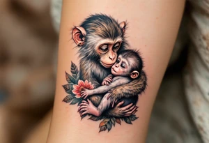 A monkey cradling her baby in her lap in warm earth tones reflects playfulness and a strong emotional bond. tattoo idea