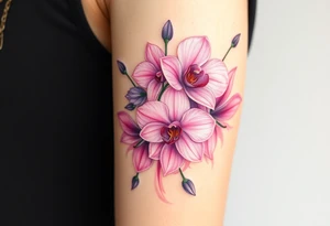 A bouquet of orchids intertwined with roses and lilies, bursting with soft pink and lavender hues tattoo idea