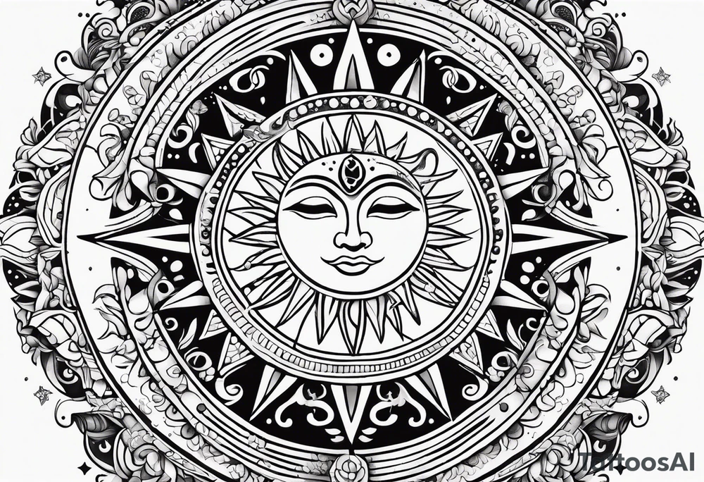 Mexican Sun and moon. long rectangular sternum swirls and dots and stars tattoo idea