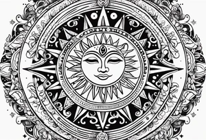 Mexican Sun and moon. long rectangular sternum swirls and dots and stars tattoo idea