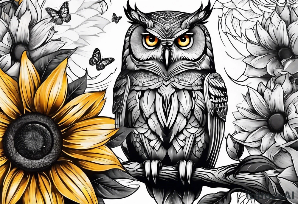 Sleeve with an owl, sunflower and butterfly tattoo idea
