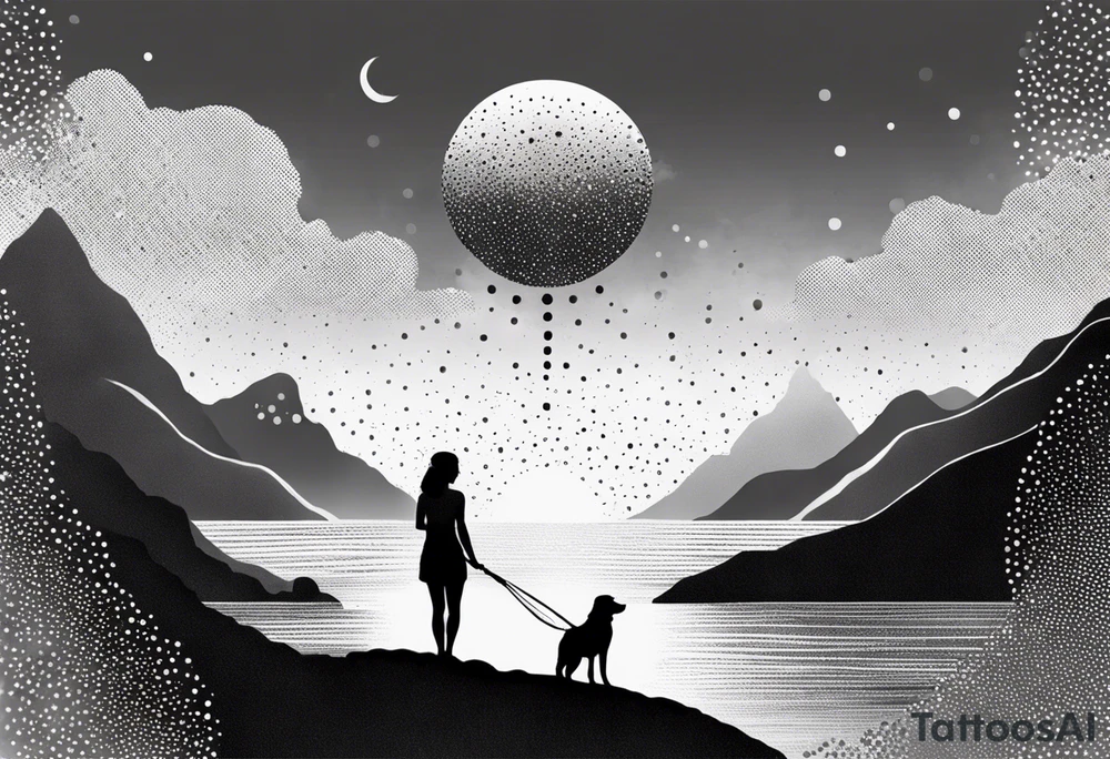 Beach Mountain Racket dog and woman tattoo idea