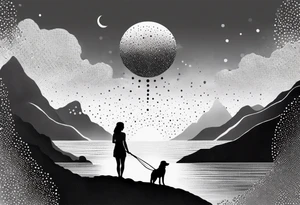 Beach Mountain Racket dog and woman tattoo idea