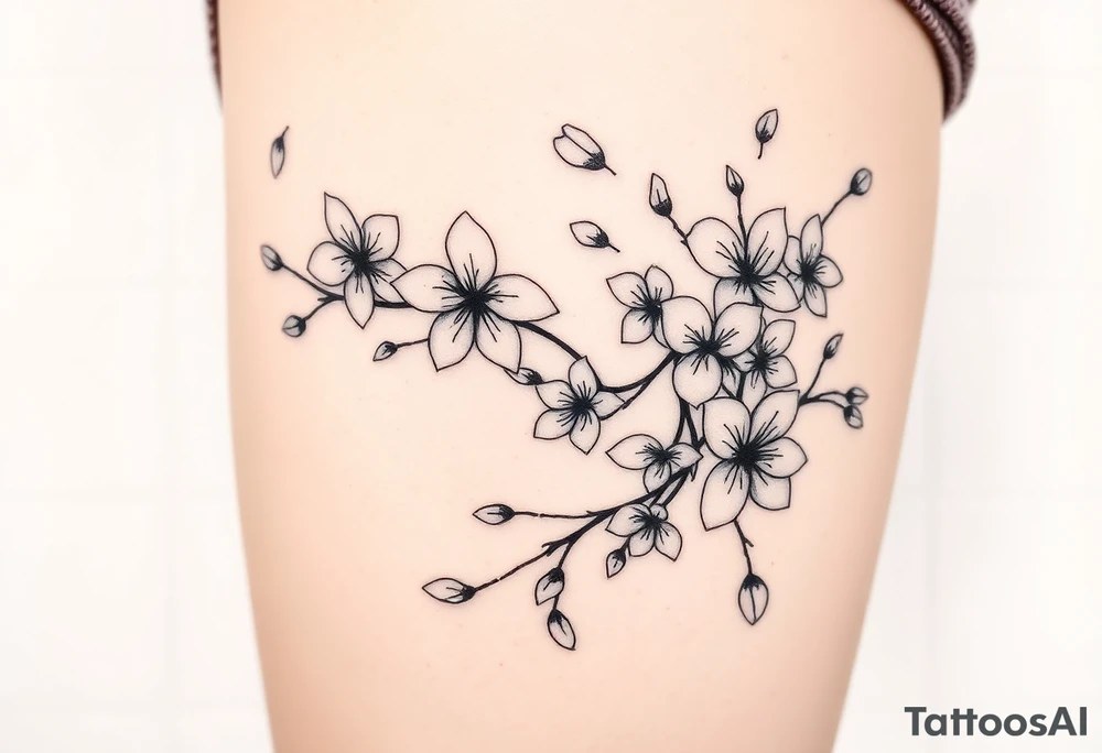 delicate cherry blossoms swirling in spring breeze with petals tattoo idea