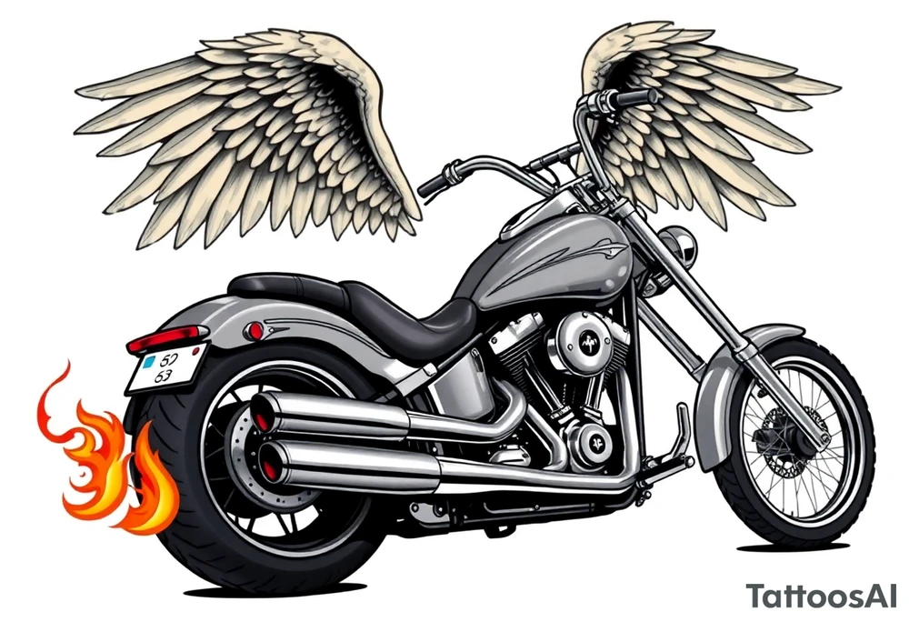 Low rider grey motorcycle, big muffler pipes with flames, angel wings, driving away, no person tattoo idea